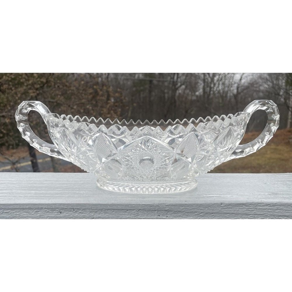 Antique 1904 Nucut Hobstar & Arches By Imperial Crystal Handled Oval Bowl